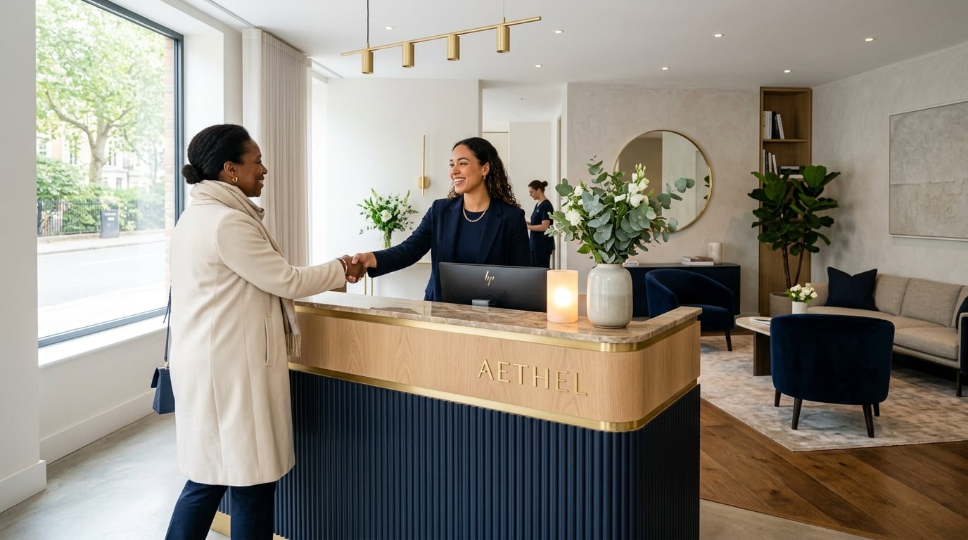 A business owner warmly welcoming a customer while AI handles the busywork