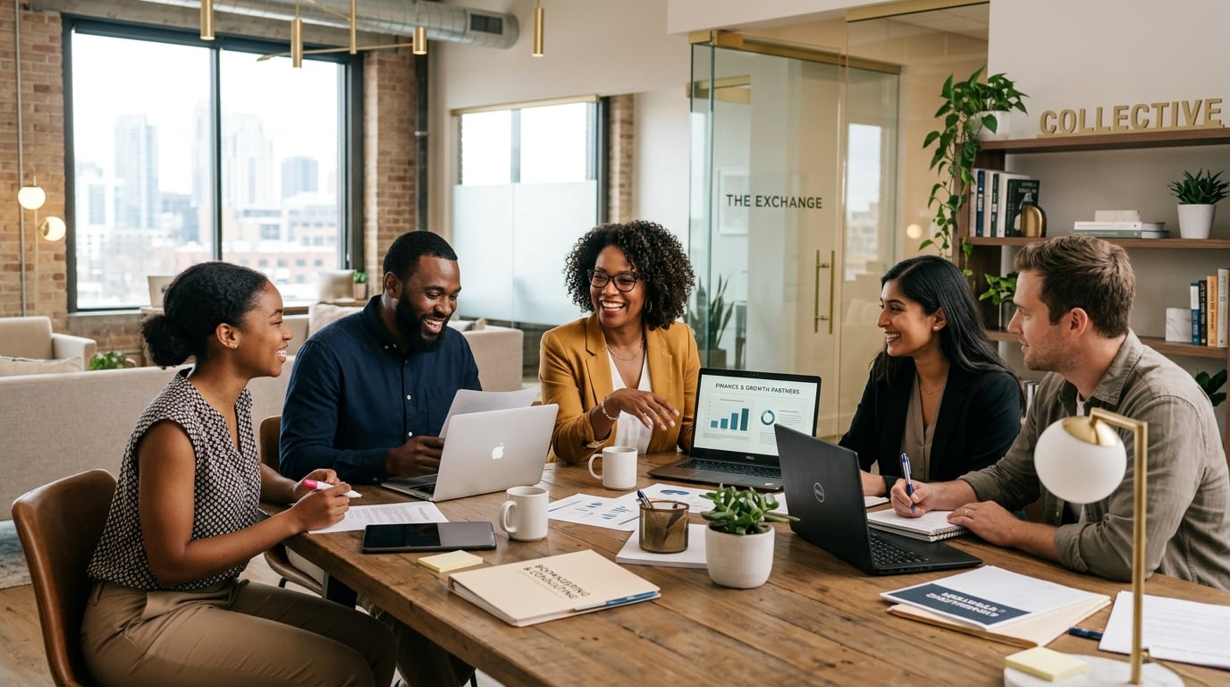 A diverse team of small-business professionals collaborating with their AI workforce